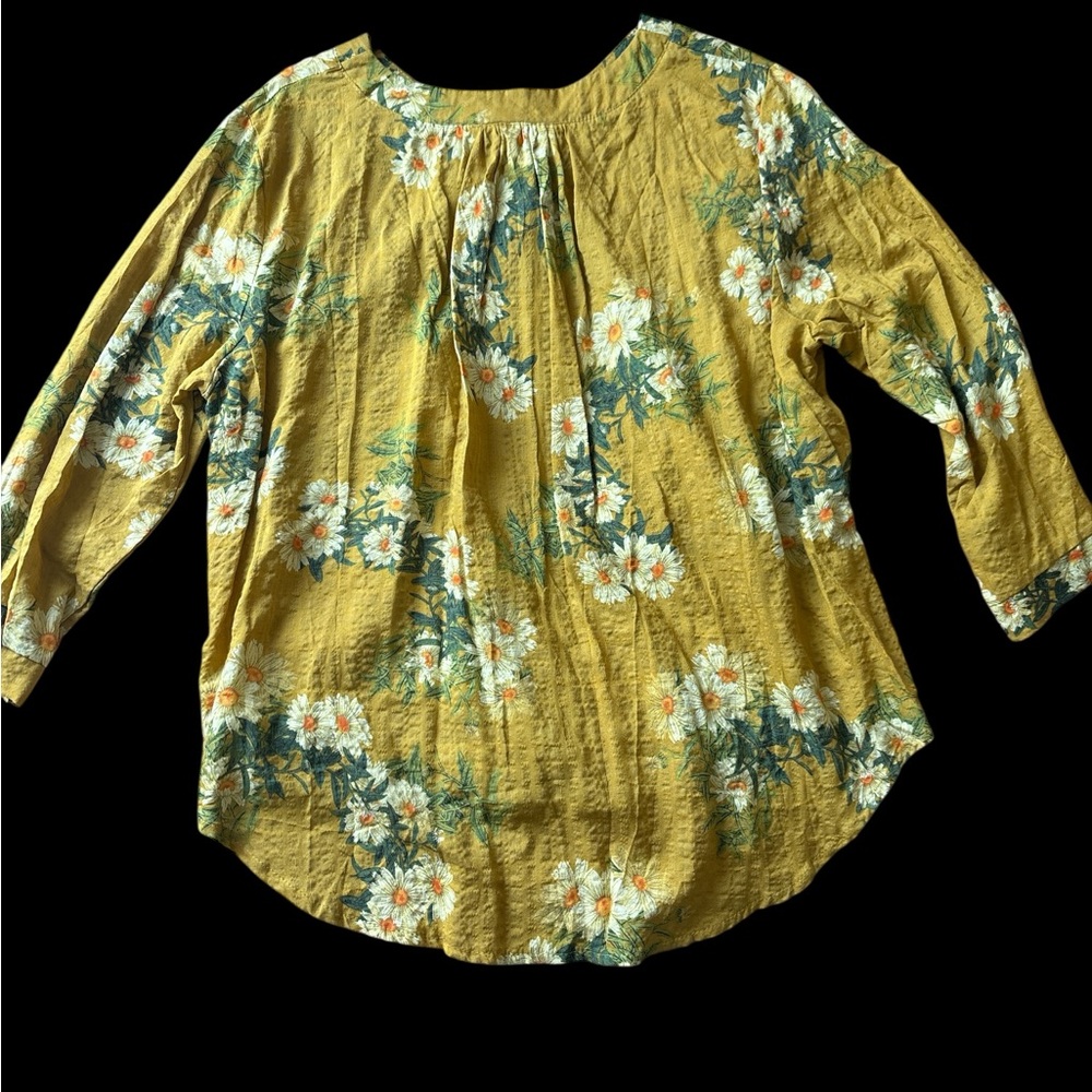 Floral Linen Button-Front Yellow Floral Boho Women’s Top - Picture 3 of 4